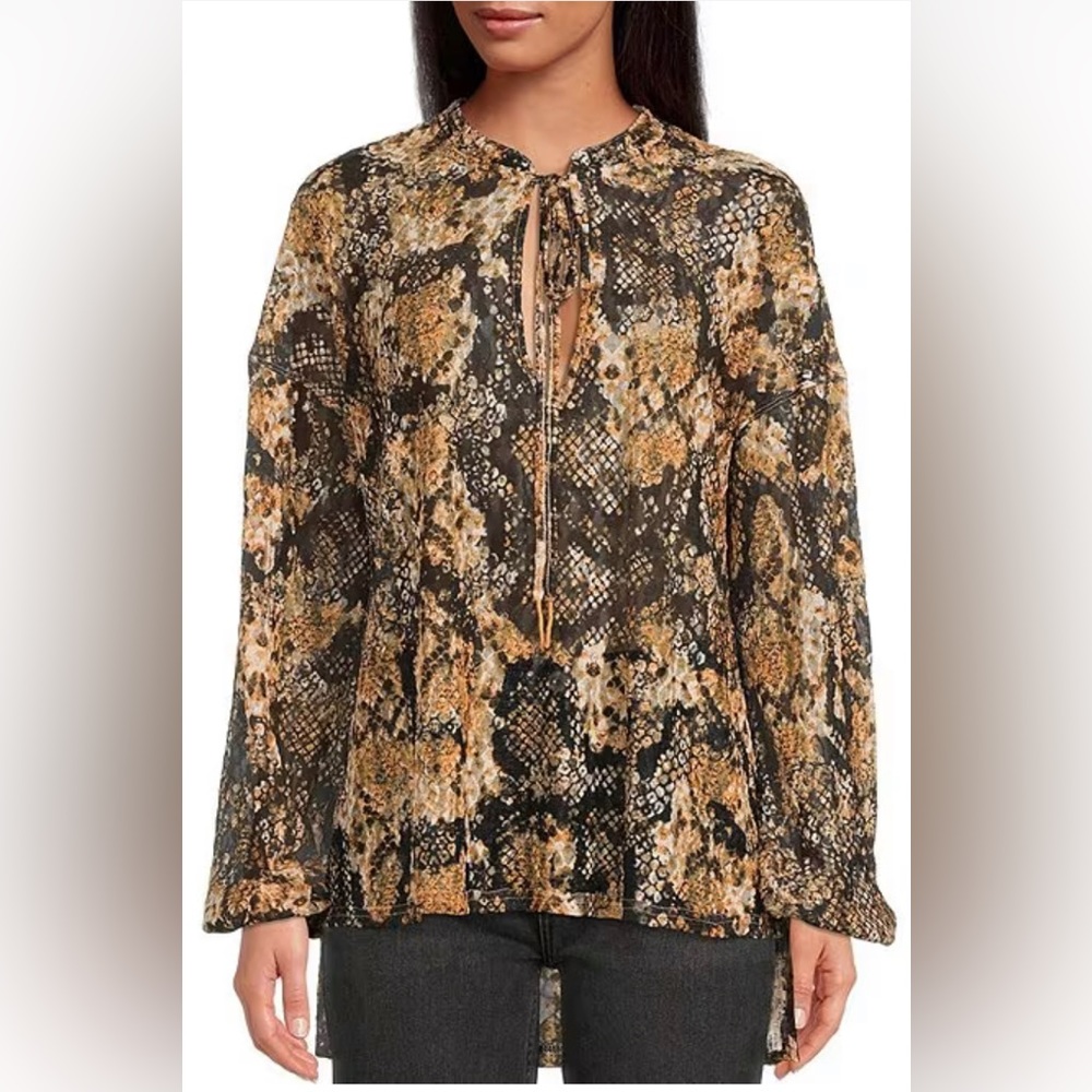 Free People Out for the Night Snakeskin Print Sheer Tie Banded Crew Neck…